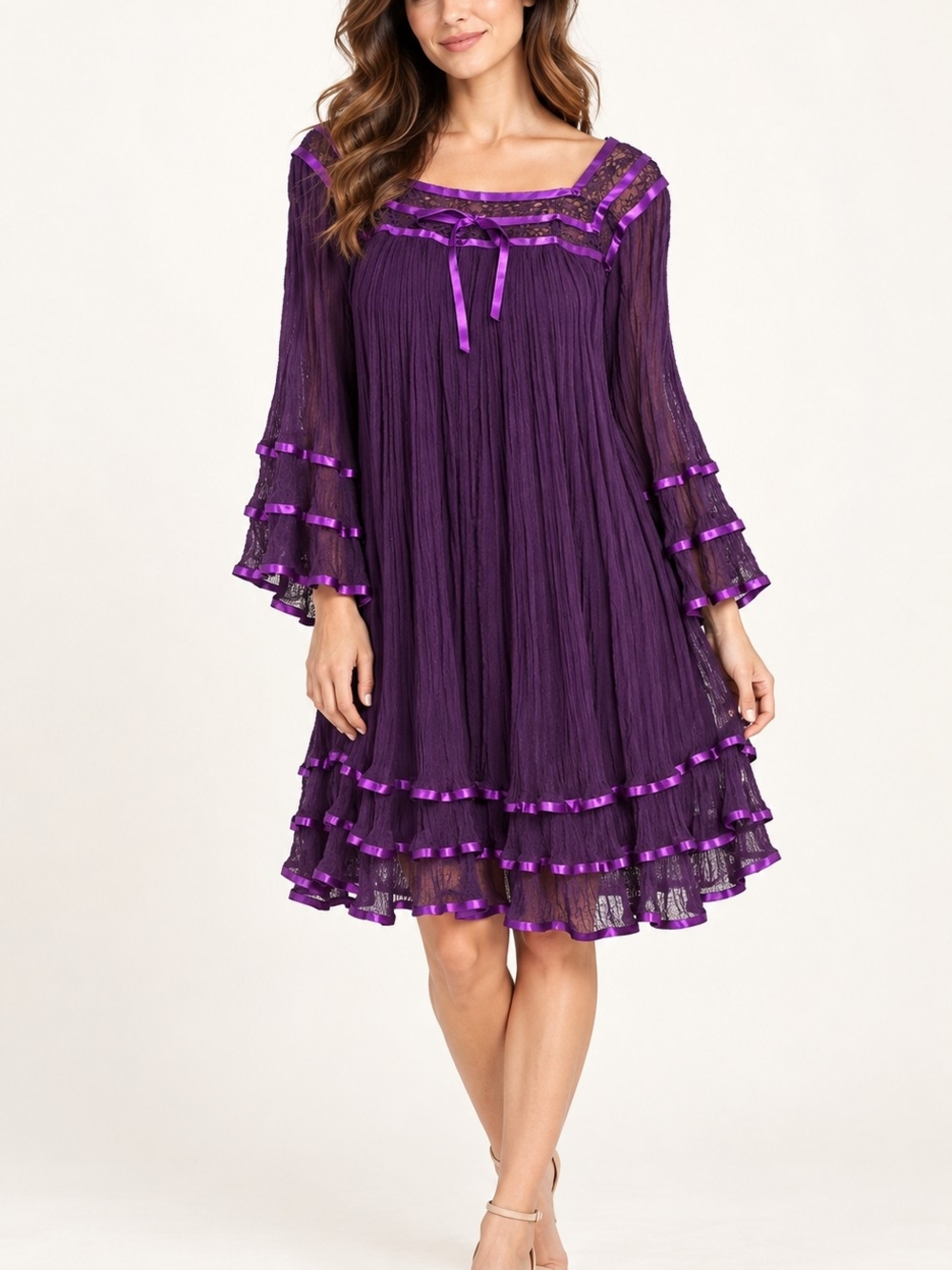 Purple Boho Pleated Ruffle Dress